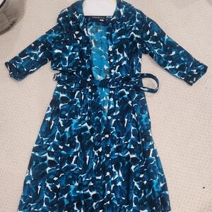 SAMANTHA SUNG Teal and White Pleates Dress with 2 belts and pockets